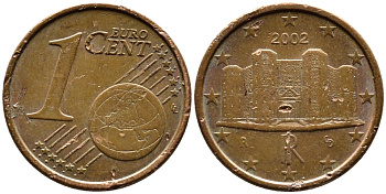 Италия 1 евроцент 2002 KM 210 сталь плакированная медью 4609-411