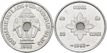 Лаос 20 центов 1952 король Сисаванг Вонг (1904-1959), слоны KM 5 алюминий 4572-315