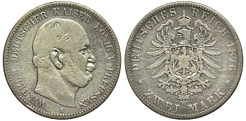 Пруссия 2 марки 1876 A, Вильгельм I (1861-1888) Weege 96, J. 96, KM 506 серебро 02-014-13