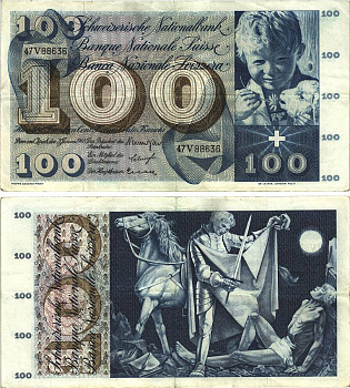 Швейцария 100 франков 1965 23 декабря 1965, серия 47 V, подпись 39 Pick 49 h бумага 8606-20-2-1