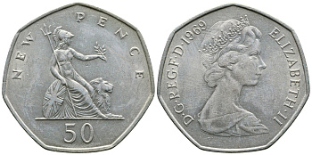 Великобритания 50 пенсов 1969 Елизавета II (1952-2022) KM 913, Spink 4223 (H1) медно-никель 4364-4214