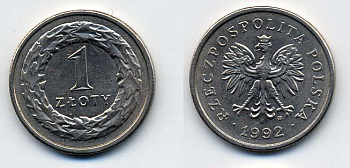 ПОЛЬША 1 ЗЛОТЫЙ 1992 MW KM 282 медно-никель 35-1147