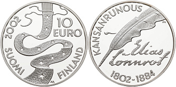 Финляндия 10 евро 2002 Элиас Леннрот, лингвист KM 108 серебро PROOF 11-203-31