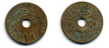 Нидерландская Восточная Индия 1 цент 1945 р, Вильгельмина (1890-1948) KM 317 бронза 56-1216