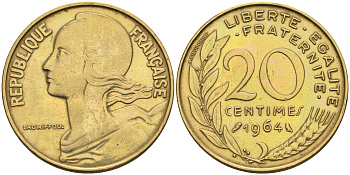 Франция 20 сантимов 1964 тип Marianne KM 930 медь алюминий никель    4595-1042