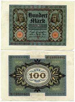 Германия 100 марок 1920 Бамбергский всадник, 8 цифр в номере Pick 69 b, Розенберг 69b бумага 7198-28-3-1