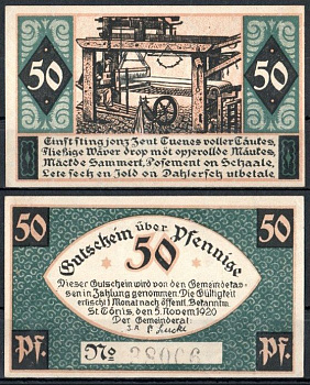 Санкт-Тёнис (Пруссия, Рейн) 50 пфеннигов 1920 Mehl Grabowski 1167.1a-4/5 бумага UNC (пресс) 7553-21-1-2