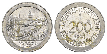 Нюрнберг - Фюрт 200 пфеннигов 1921 юбилейный жетон железной дороги - поезд Men05 19217.3, Men18 24057.3 алюминий aUNC 1518-112