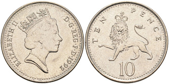 Великобритания 10 пенсов 1992 Елизавета II (1952-2022), диаметр 24,5 мм. KM 938b, Spink 4367 (F4) медно-никель 4116-815