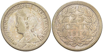 Нидерланды 25 центов 1914 Вильгельмина (1890-1948) KM 146  серебро 4548-844