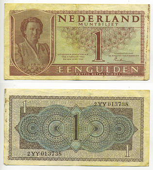 НИДЕРЛАНДЫ 1 ГУЛЬДЕН 1949 8 АВГУСТА 1949, КОРОЛЕВА ЮЛИАНА Pick 72 бумага 6293-2-3-1