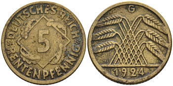 Германия 5 рентенпфеннигов 1924 G KM 32, J. 308 алюминиевая бронза 4151-668