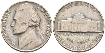 США 5 ЦЕНТОВ 1964 ДЖЕФФЕРСОН KM А132 медно-никель 106-352