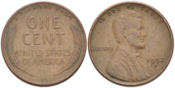 США 1 ЦЕНТ 1952 D, ЛИНКОЛЬН KM А132 медь цинк 3309-817