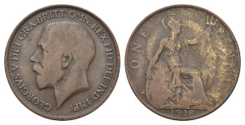 Великобритания 1 пенни 1918 H, Георг V (1910-1936) KM 810, Spink 4052 бронза 4661-544