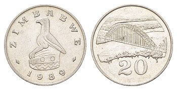 Зимбабве 20 центов 1989 мост Бирченоу KM 4 медно-никель UNC 4654-457