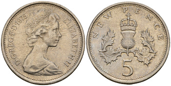 Великобритания 5 пенсов 1975 Елизавета II (1952-2022) KM 911, Spink 4233 (D1) медно-никель 4601-442
