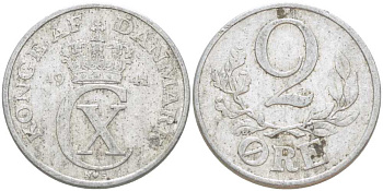 ДАНИЯ 2 ЭРЕ 1941 N; S, КРИСТИАН X (1912-1947) KM 833 алюминий 212-944