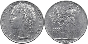 Италия 100 лир 1957 R, Афина в доспехах KM 96.1 нержавеющая сталь 4165-136