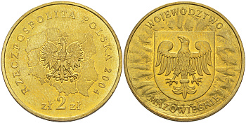 Польша 2 злотых 2004 серия польские регионы, Мазовецкое воеводство KM 489 нордик UNC 63-231