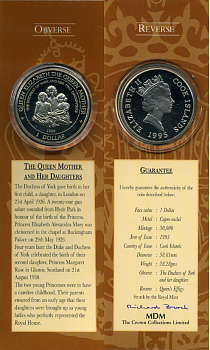 Острова Кука 1 доллар 1995 королева Елизавета-королева мать, в оригинальном картонном буклете, королева и две ее дочери, тираж 30000 экз. KM 266 медно-никель PROOF 2-5-1-14