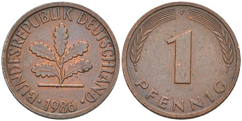 ФРГ 1 пфенниг 1986 F KM 105, J.380 сталь плакированная медью 187-858