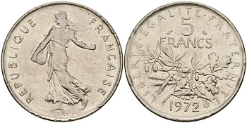 Франция 5 франков 1971 сеятель KM 926a.1, Le Franc 341.3 медно-никель плакированный никелем 4120-1233