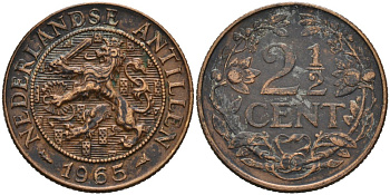 Нидерландские Антилы 2 1/2 цента 1965 Юлиана (1948-1980) KM 5 бронза 92-1211