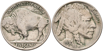 США 5 центов 1930 S, индеец, бизон KM 134 медно-никель 4591-1032