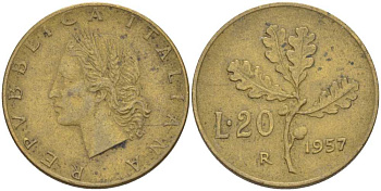 ИТАЛИЯ 20 ЛИР 1957 R, ДУБОВЫЙ ЛИСТ KM 97.1 алюминиевая бронза 113-1244