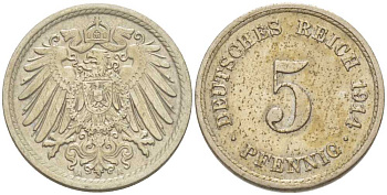 ГЕРМАНИЯ 5 ПФЕННИГОВ 1914 A KM 11, J. 12, Weege 6 медно-никель 206-1019