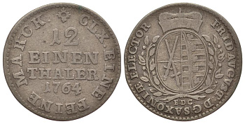 Саксония, Альбертинская линия 1/12 талера 1764 E.D.C. Фридрих Август III (1763-1806) KM 956 (C 100), Buck 103, Slg. Merseburger 2009 серебро 413-5625