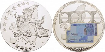 НИДЕРЛАНДЫ МЕДАЛЬ 2002 ПОХИЩЕНИЕ ЕВРОПЫ, КУПЮРА 20 ЕВРО, СЕРЕБРЕНИЕ, ЦВЕТНАЯ ЭМАЛЬ, ДИАМЕТР 50 ММ. ВЕС 54 ГР. медно-никель PROOF 01-237-24