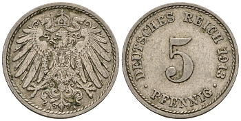 Германия 5 пфеннигов 1913 A, KM 11, J. 12 медно-никель 220-654