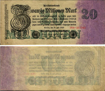 ГЕРМАНИЯ 20000000 МАРОК 1923 20 ИЮЛЯ 1923, ШЕСТЬ ЦИФР В НОМЕРЕ Pick 97b бумага 3295-53-3