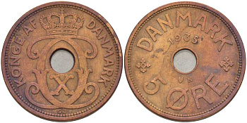 ДАНИЯ 5 ЭРЕ 1935 N ; GJ, КРИСТИАН X (1912-1947) KM 828.2 бронза 38-345