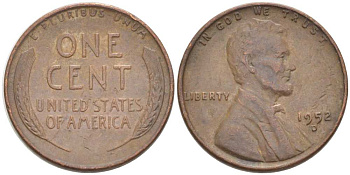 США 1 ЦЕНТ 1952 D, ЛИНКОЛЬН KM А132 медь цинк 3309-816
