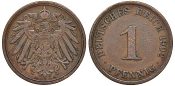 Германия 1 пфенниг 1902 A - Берлин KM 10 медь 4173-639