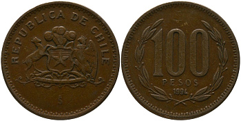 Чили 100 песо 1994 So KM 226.2, Schon 71 алюминиевая бронза 4544-1153