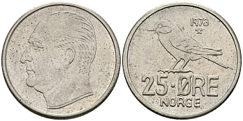 Норвегия 25 эре 1973 Улаф V (1958-1991), синица KM 407 медно-никель 84-1553