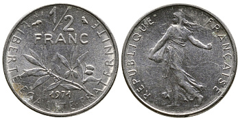 ФРАНЦИЯ 1/2 ФРАНКА 1971 СЕЯТЕЛЬ KM 931.1 никель 26-1017