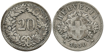 ШВЕЙЦАРИЯ 20 РАППЕНОВ 1850 BB KM 7 серебро 34-755
