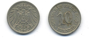 ГЕРМАНИЯ 10 ПФЕННИГОВ 1908 A KM 12, J. 13 медно-никель 58-336