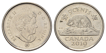 Канада 5 центов 2010 Leaf, Елизавета II (1952-2022), бобр KM 491 сталь плакированная никелем 4689-524