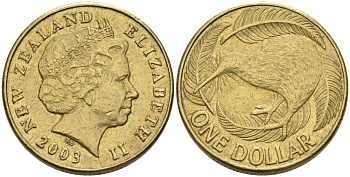 Новая Зеландия 1 доллар 2003 Елизавета II (1952-2022), птица киви  KM 120 алюминиевая бронза 35-1013