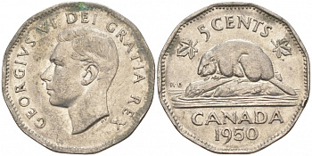 Канада 5 центов 1950 бобр, Георг VI (1937-1952) KM 42 никель 73-1351