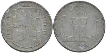 БЕЛЬГИЯ 1 ФРАНК 1942 BELGIQUE-BELGIE, ЛЕОПОЛЬД II (1934-1950), ГЕРМАНСКАЯ ОККУПАЦИЯ, ВТОРАЯ МИРОВАЯ ВОЙНА KM 127 цинк 202-933