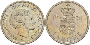 ДАНИЯ 1 КРОНА 1976 S;B, МАРГРЕТЕ II (1972-) KM 862.1 медно-никель 202-827