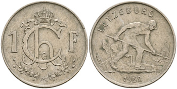 Люксембург 1 франк 1952 KM 46.2 медно-никель 4135-1046