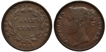 Стрейтс-Сетлментс 1/2 цента 1845 Виктория (1837-1901) KM 2 медь 1524-1244